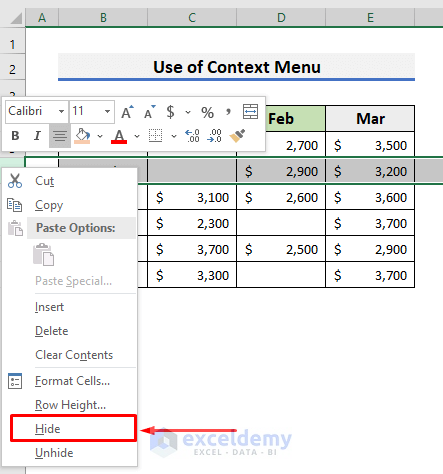 Hide Blank Cells of Entire Row or Column Using Context Menu
