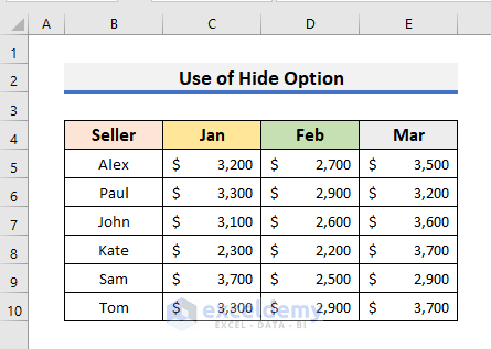 Use Excel Hide Option to Remove Unused Cells