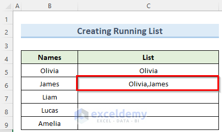 Insert Comma Between Words in Excel to Create a Running List