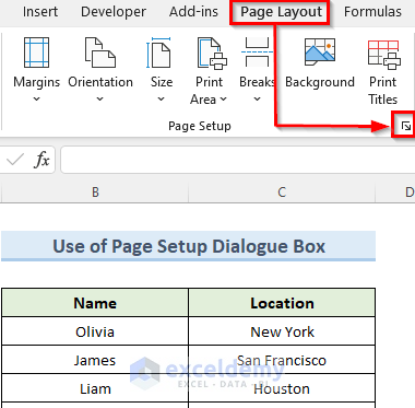 Utilizing Page Setup Dialogue Box