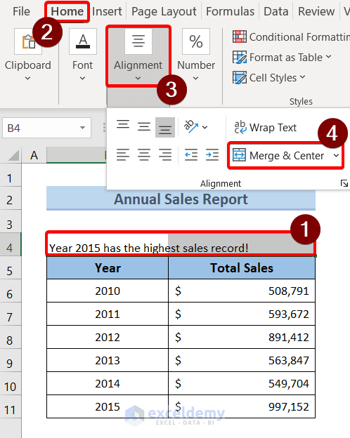 Using Merge & Center to Insert a Subtitle in an Excel Sheet