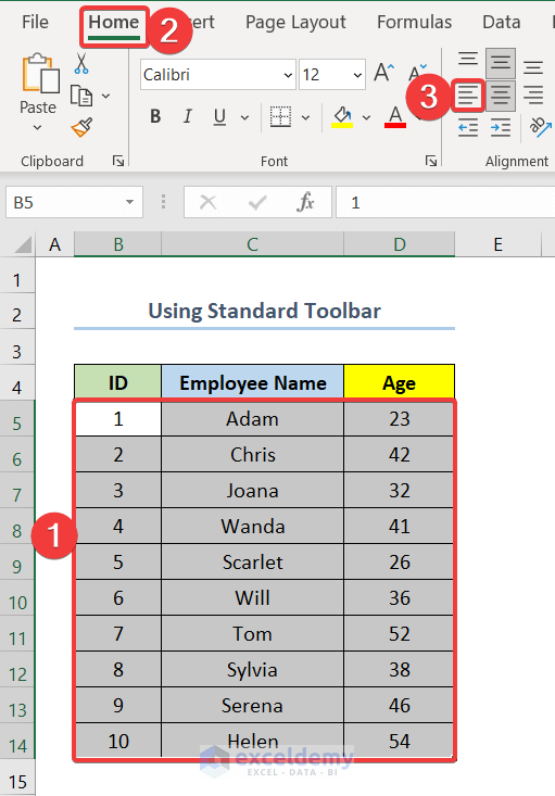 Using Standard Toolbar to Left Align in Excel
