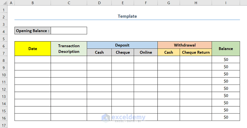 Template for a Bank Ledger
