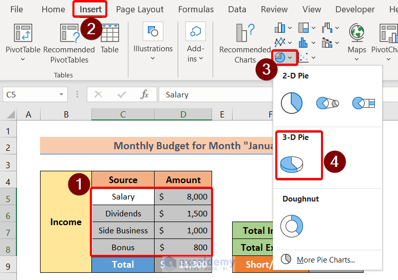 Inserting Pie Chart to Make a Personal Monthly Budget in Excel