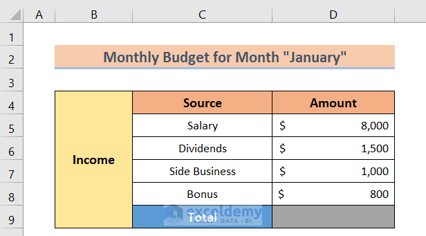 Calculating total income to Make a Personal Monthly Budget in Excel