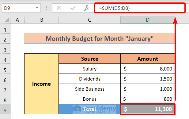 Calculating total income to Make a Personal Monthly Budget in Excel