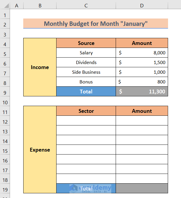 setting up expense section to Make a Personal Monthly Budget in Excel