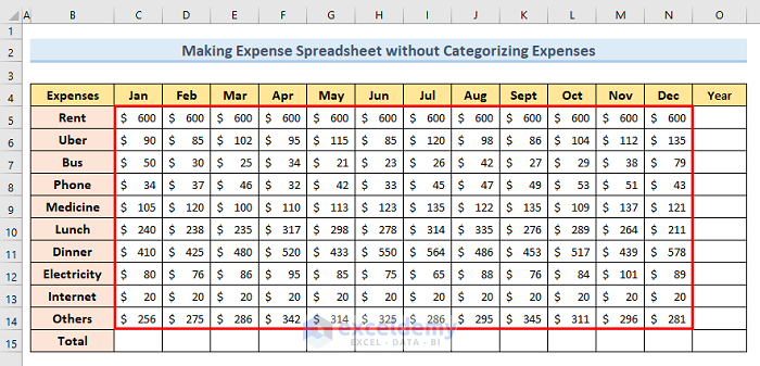 Make an Expense Spreadsheet in Excel without Categorizing Expenses