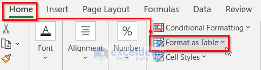 2. Apply Format as Table Option to Show First Row as Header