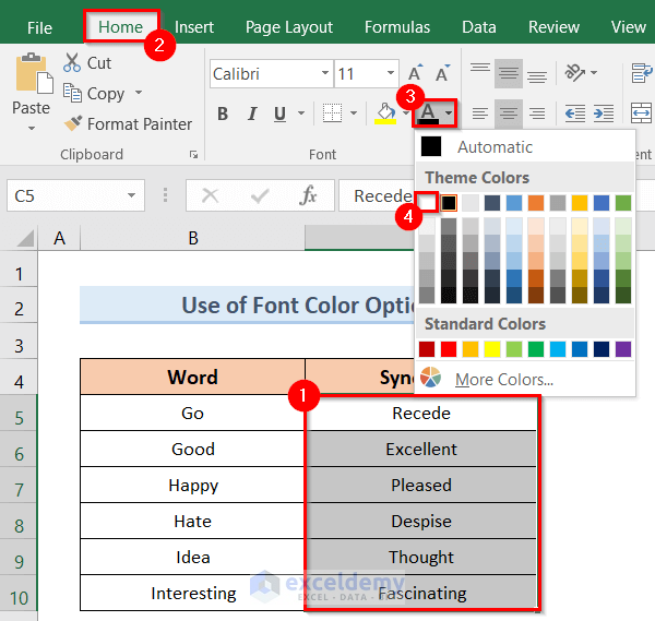 Use of Font Color Option to Make Flashcards in Excel