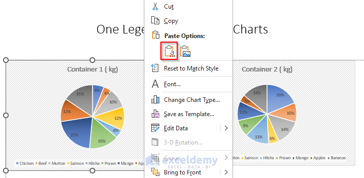 how to make two pie charts with one legend in excel, using PowerPoint