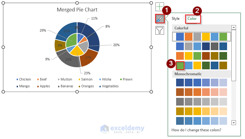 how to make two pie charts with one legend in excel, merging