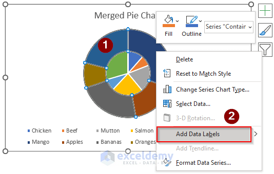 how to make two pie charts with one legend in excel, merging