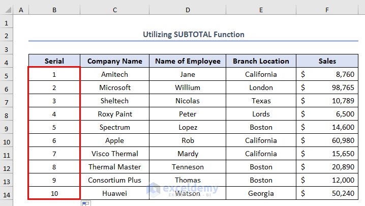 how to number in excel with filter using SUBTOTAL function