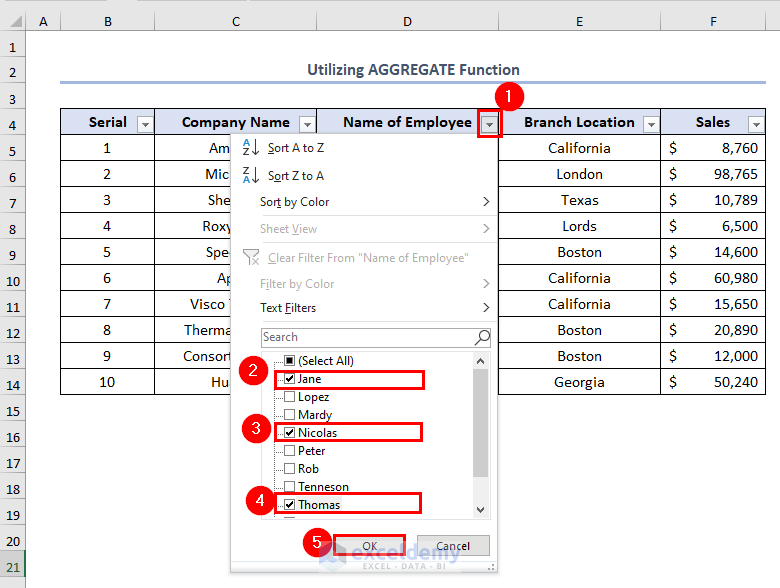 how to number in excel with filter using AGGREGATE function