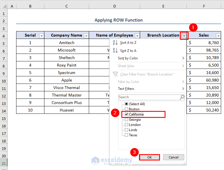 how to number in excel with filter using ROW function