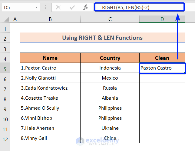 Joining RIGHT and LEN Functions to Remove Numbering and Bullets in Excel