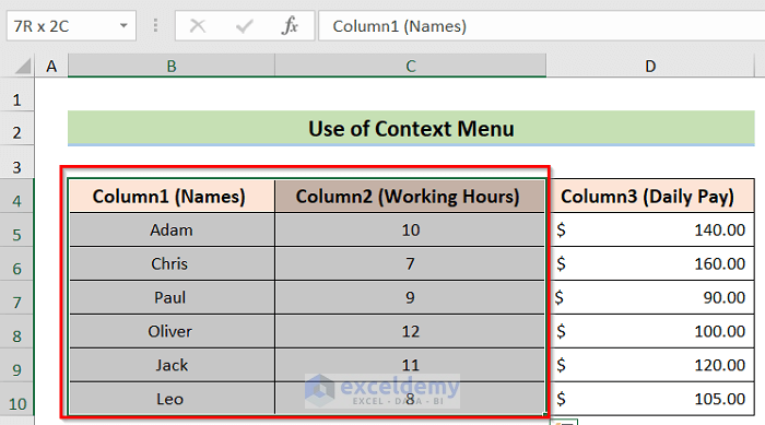 Column1 and Column2 in Excel with Context Menu