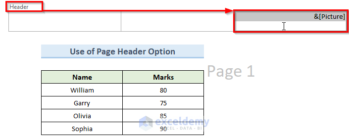 Remove Page 1 Watermark from Page Header Option in Excel Worksheet