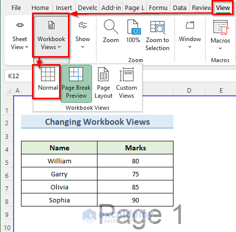 Change Workbook Views to Remove Page 1 Watermark in Excel