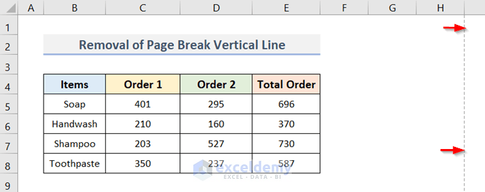 Erase Page Break Vertical Line in Excel