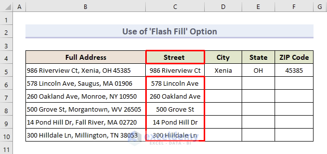 Separate Address into Different Columns with Flash Fill Feature