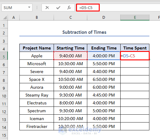 how to track time spent on projects in Excel using subtraction