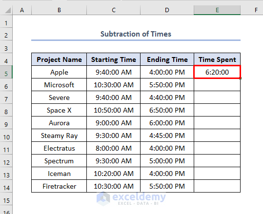 how to track time spent on projects in Excel using subtraction