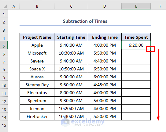 how to track time spent on projects in Excel using subtraction