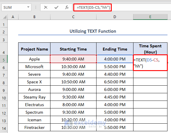 how to track time spent on projects in Excel using TEXT function