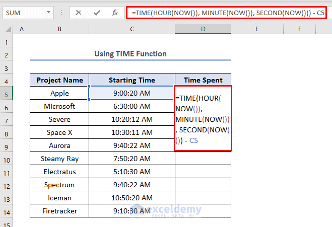 how to track time spent on projects in Excel using TIME function