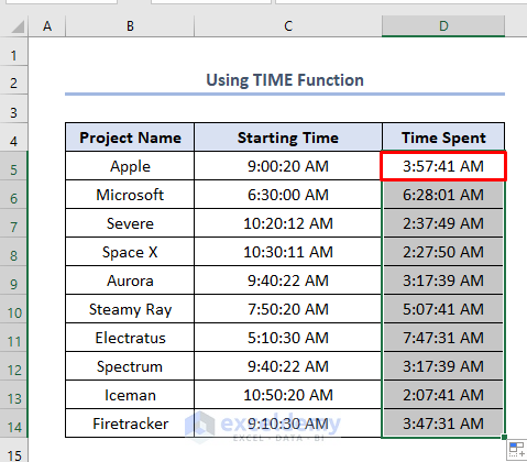 how to track time spent on projects in Excel using TIME function