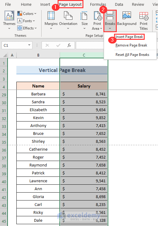 How to Insert a Vertical Page Break in Excel