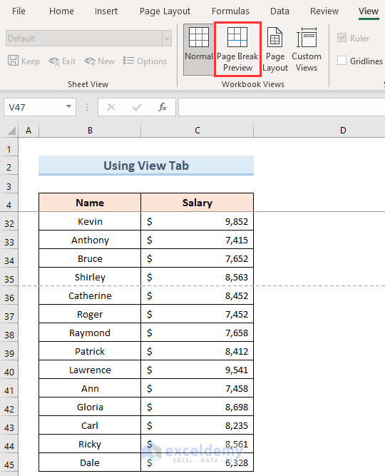 Use of View Tab to Insert Page Break Between Rows 39 and 40 in Excel