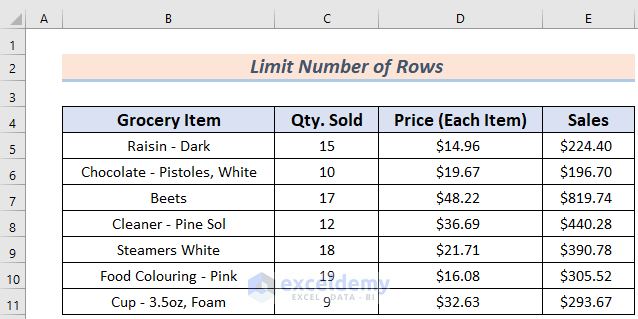 limit number of rows in excel