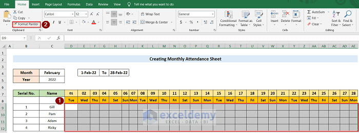 Procedures to Create Monthly Attendance Sheet