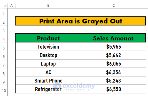 print area in excel is grayed out