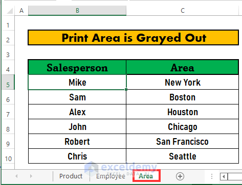 print area in excel is grayed out