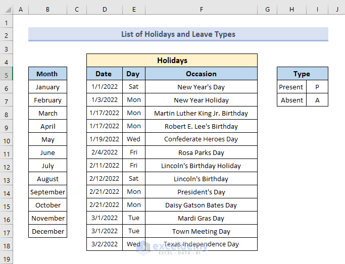 Make List of Holidays and Leaves Types
