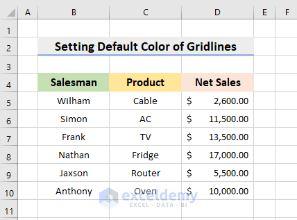 Set Default Color of Gridlines in Excel