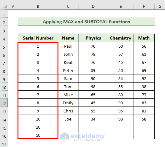 Subtotal Formula in Excel for Serial Number