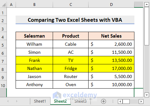 Apply VBA Code to Compare Two Excel Sheets of Same File and Copy Differences