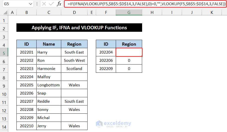 Applying IF, IFNA and VLOOKUP Functions to Use VLOOKUP to Return Blank Instead of 0