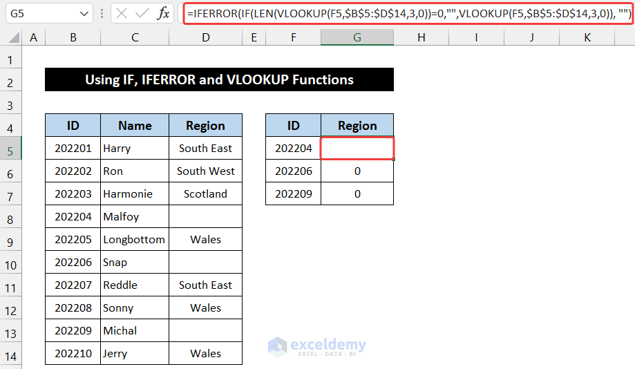 Utilizing IF, IFERROR and VLOOKUP Functions to Use VLOOKUP to Return Blank Instead of 0