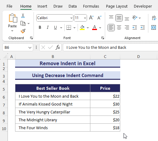 Remove indent in Excel