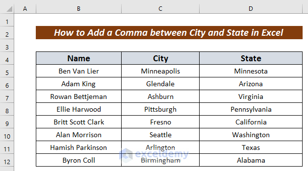How to Add a Comma between City and State in Excel