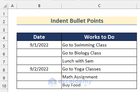 Ways to Indent Bullet Points of a Cell in Excel