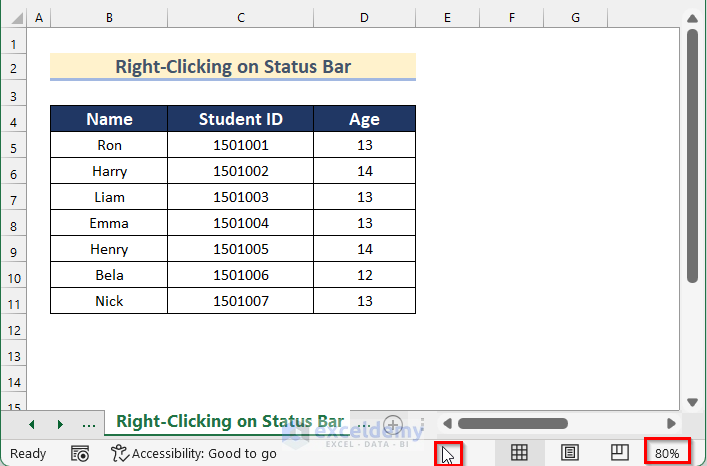 Right-Clicking on Status Bar to Zoom in Excel