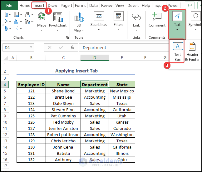 Insert tab to enter header and footer in Excel
