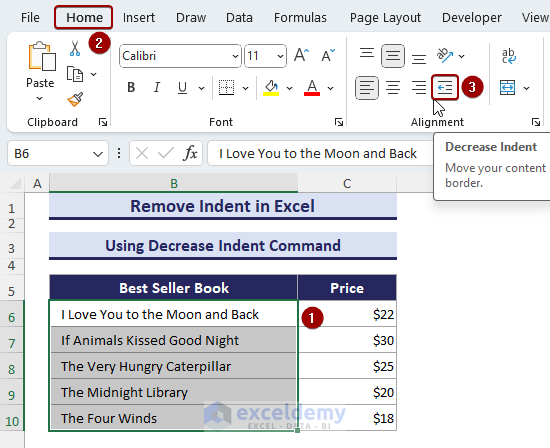 Using Decrease Indent command to remove indent in Excel